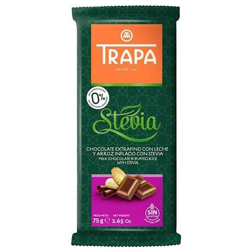 Trapa Stevia, mléčná čokoláda s puffed rýží, 75g