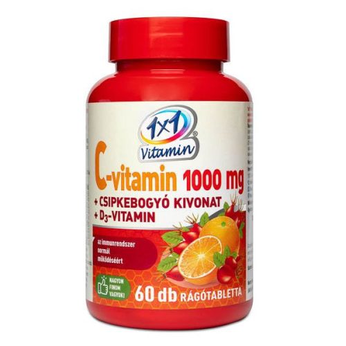 1x1 Vitamin Vitamin C 1000 mg + vitamin D3 s extraktem ze šípků, žvýkací doplněk stravy se sladidly s pomerančovou příchutí (60 tablet)
