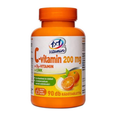 1x1 Vitaday Vitamin C 200 mg + Vitamin D3 + Zinek žvýkací tablety s pomerančovou příchutí a sladidly 90x