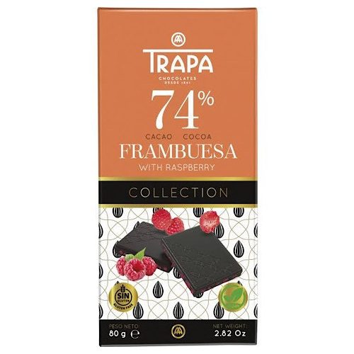 Trapa Collection, tabulka hořké čokolády s malinami, 74%, bezlepková, veganská, 80g