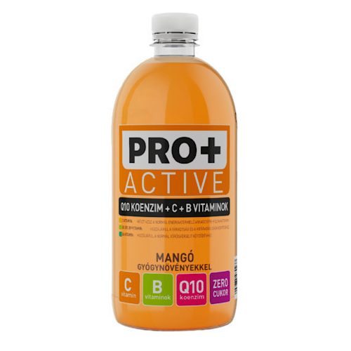 Pro+ Aktiv, nápoj s mangovou příchutí, s Q10, vitamínem C a B, 750 ml.